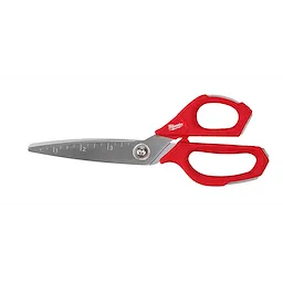 Offset Jobsite Scissors with red ergonomic handles and stainless steel blades featuring inch marks for measurement. The blades are secured with a pivot screw, and the handles incorporate a comfortable grip suitable for heavy-duty cutting tasks.