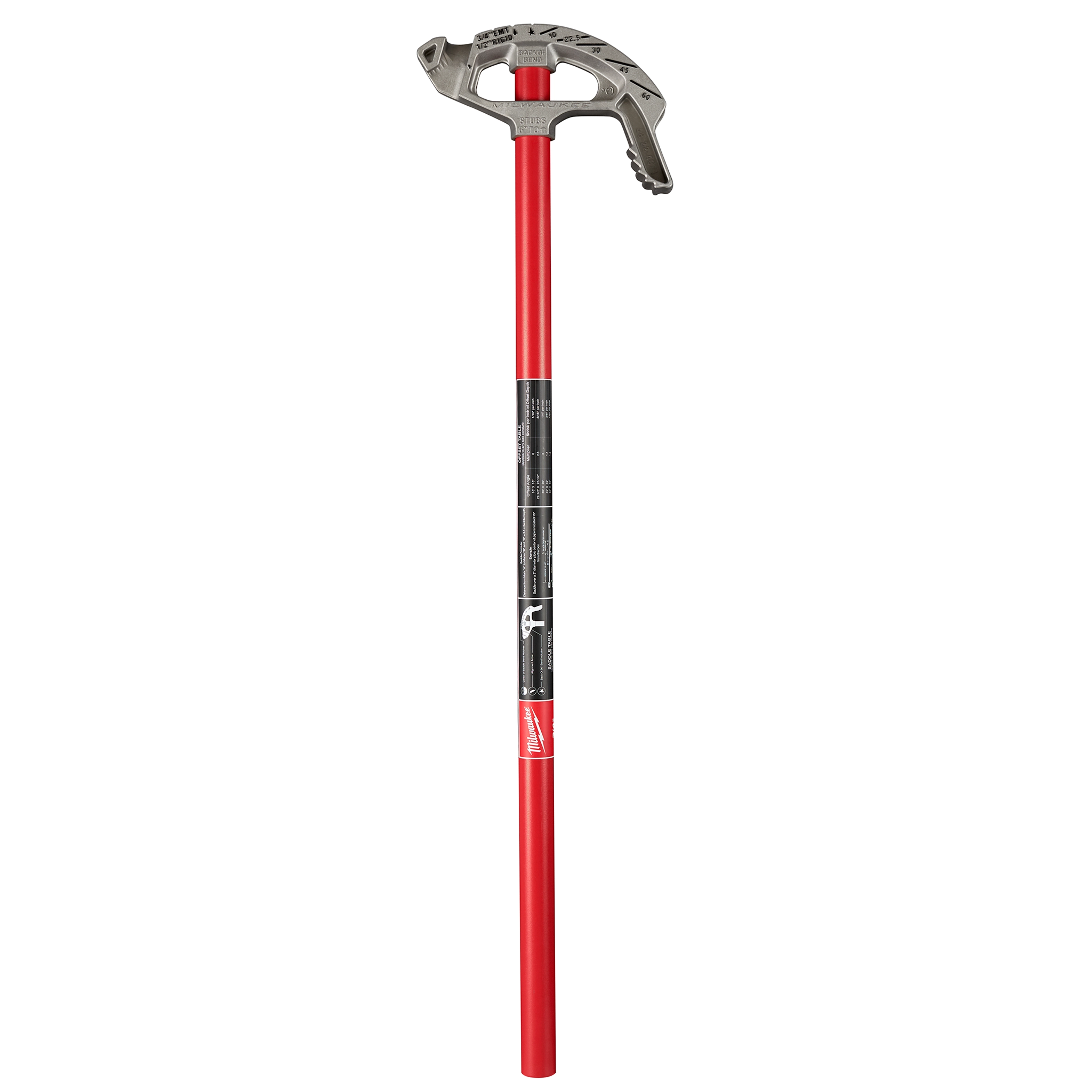 3/4" EMT Aluminum Conduit Bender with a red handle and metallic head, featuring angle and bend markings for precision.