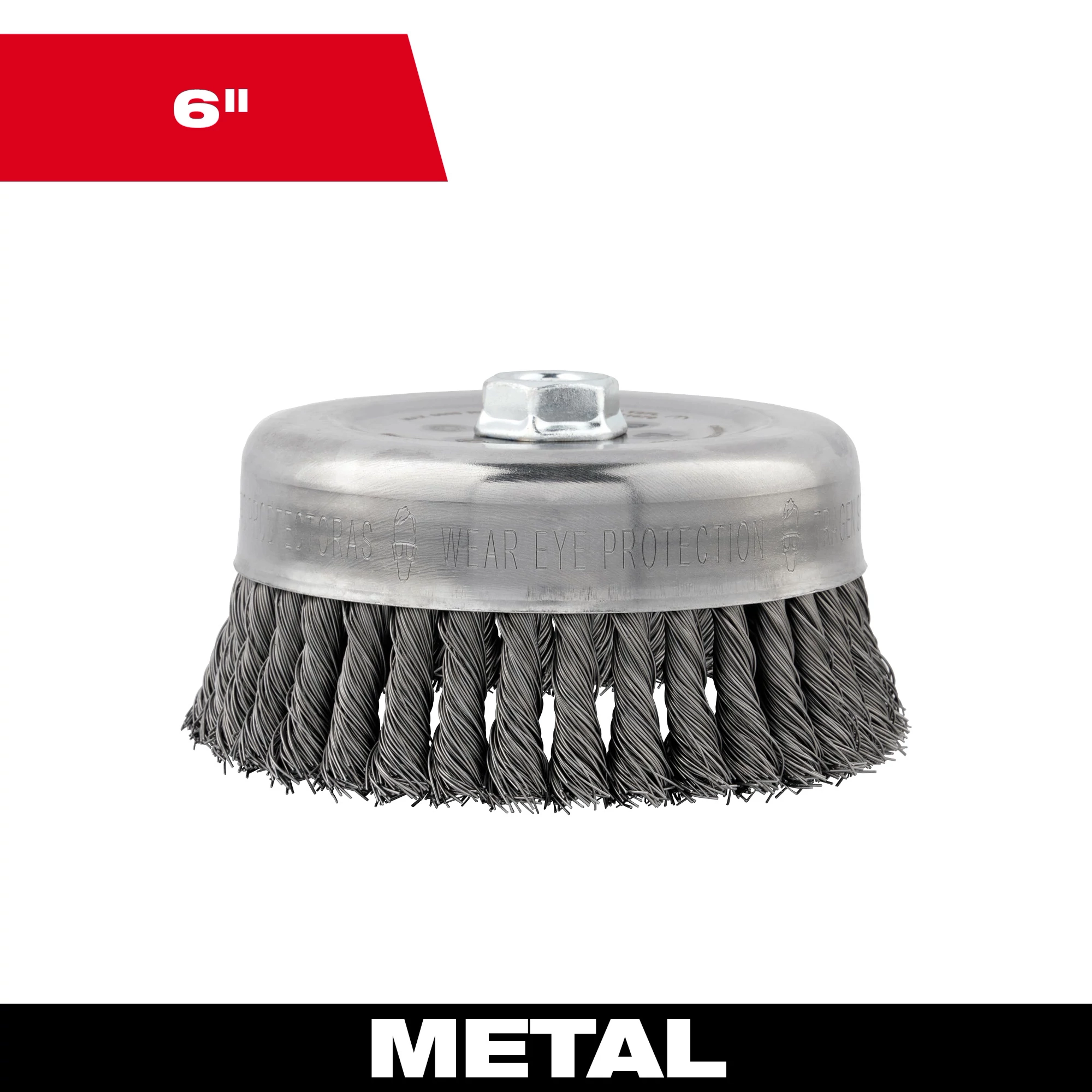 6" Knot Wire Cup Brush with a carbon steel body designed for heavy-duty metal cleaning and surface preparation.