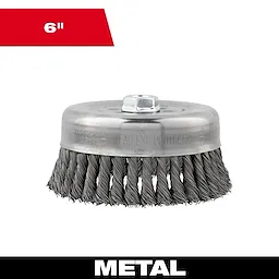 6" Knot Wire Cup Brush with a carbon steel body designed for heavy-duty metal cleaning and surface preparation.