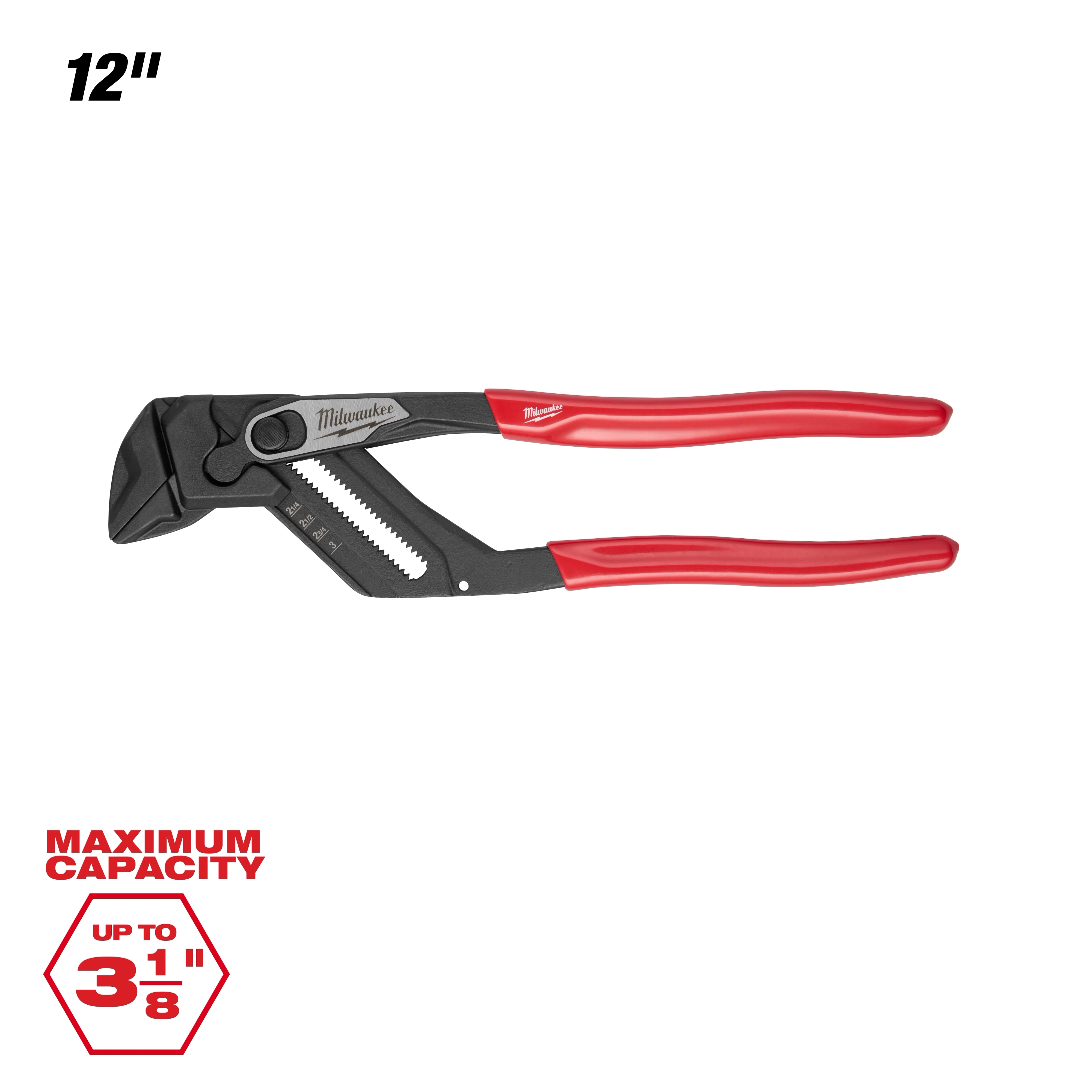 The 12" Pliers Wrench features red handles and a black gripping mechanism, with a maximum capacity of up to 3 1/8 inches.