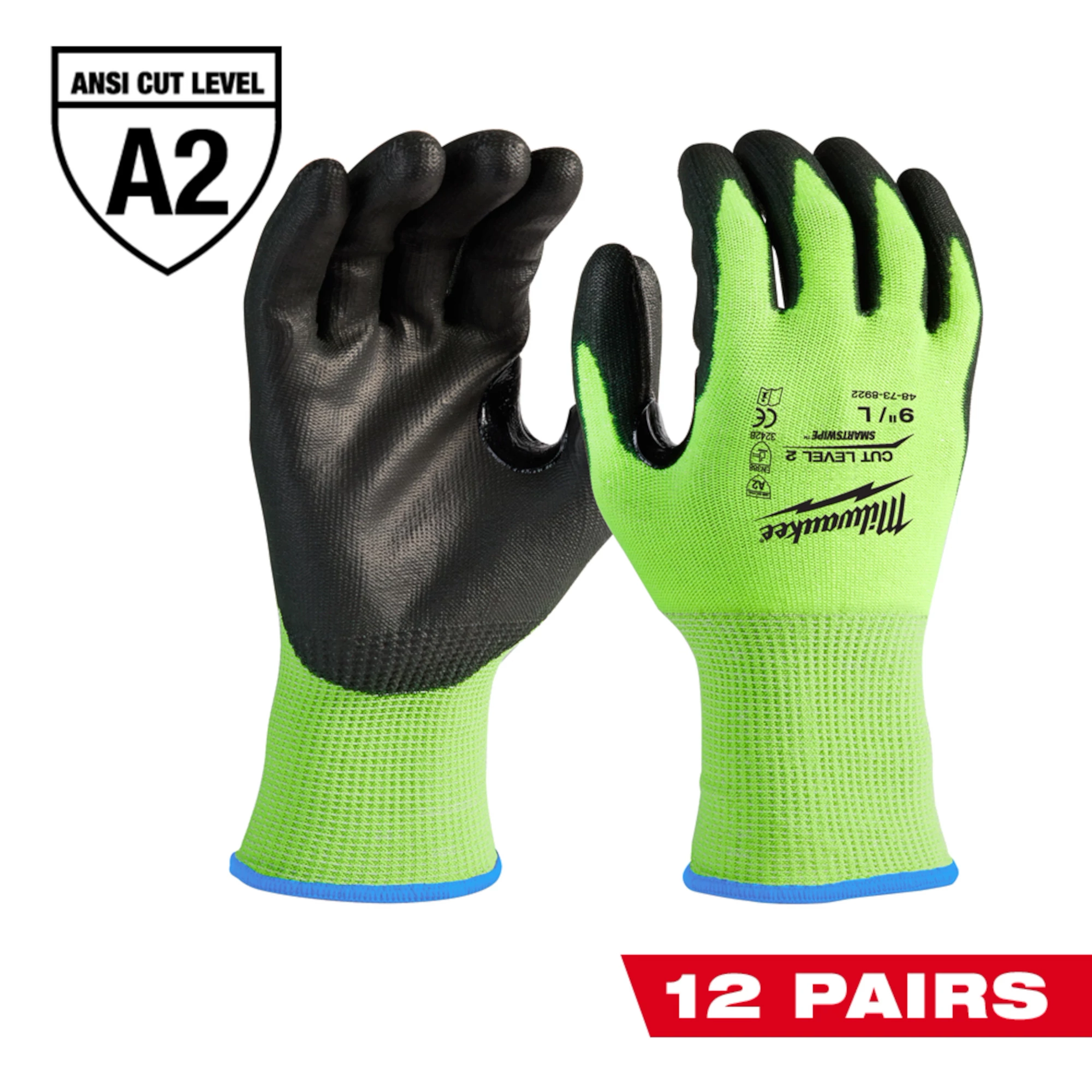 12 Pairs Cut Level 2 Polyurethane Dipped Gloves, featuring black palms and fingertips with high-visibility green backs and wrists.