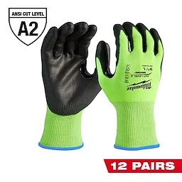 12 Pairs Cut Level 2 Polyurethane Dipped Gloves, featuring black palms and fingertips with high-visibility green backs and wrists.