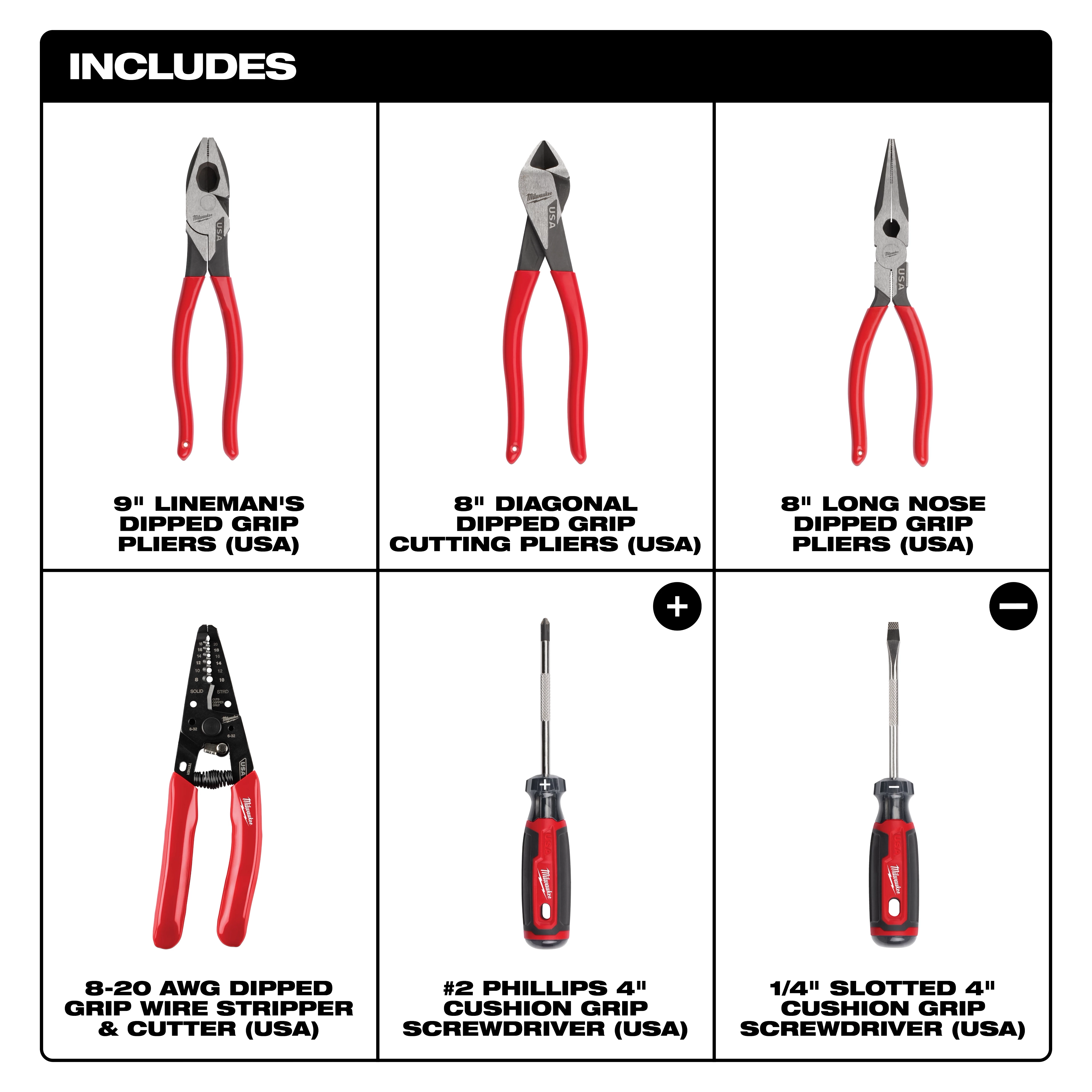 6 PC. Dipped Grip Cutting Pliers, Wire Stripper, & Cushion Grip Screwdrivers Set (USA) includes 3 pliers, 1 wire stripper, 2 screwdrivers.