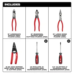 6 PC. Dipped Grip Cutting Pliers, Wire Stripper, & Cushion Grip Screwdrivers Set (USA) includes 3 pliers, 1 wire stripper, 2 screwdrivers.