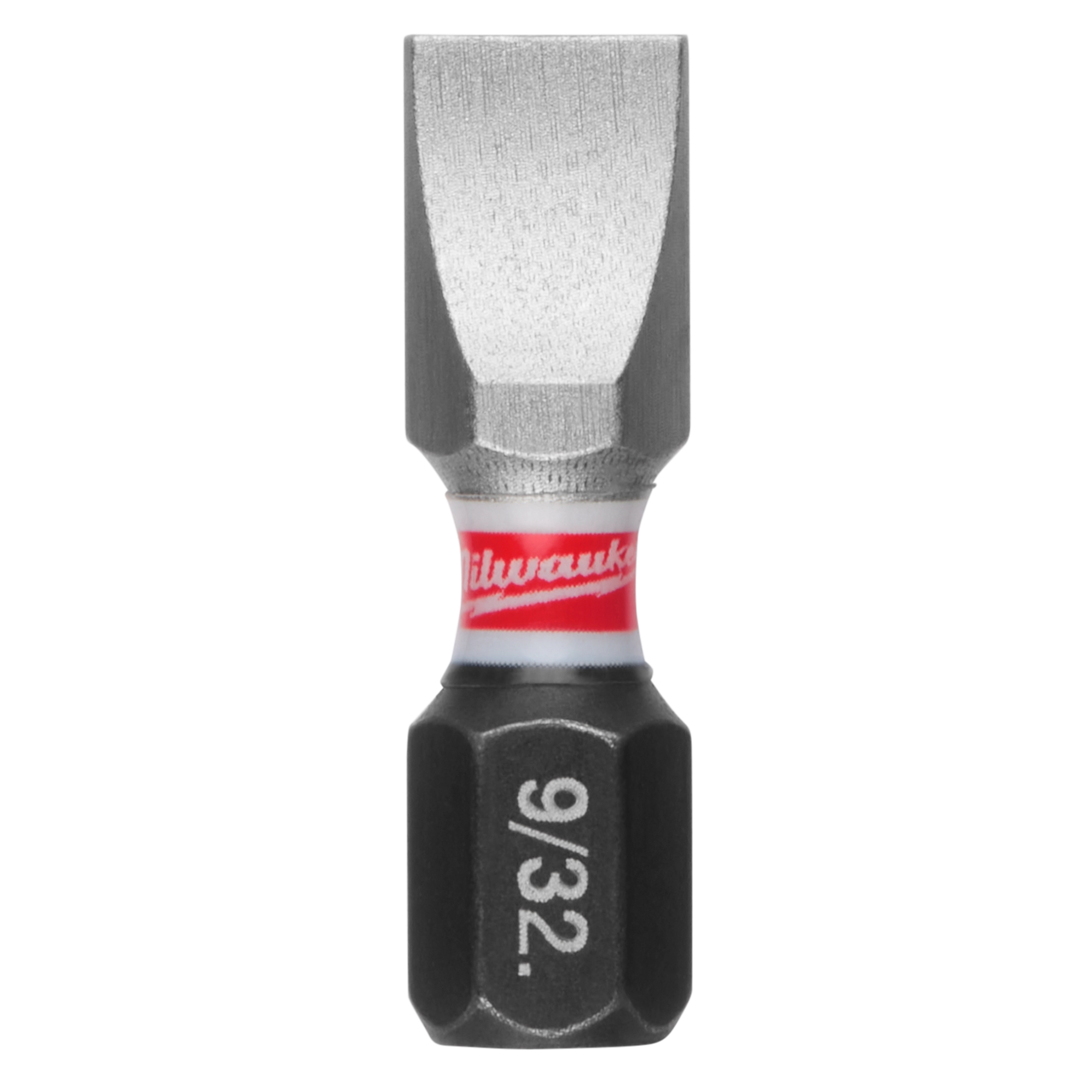 The image shows a single SHOCKWAVE™ 1" Impact Duty Slotted 9/32" Insert Bit, part of a 25 pack. It features a slotted tip, red and white branding near the center, and 9/32" labeled on the black hexagonal base.