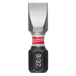 The image shows a single SHOCKWAVE™ 1" Impact Duty Slotted 9/32" Insert Bit, part of a 25 pack. It features a slotted tip, red and white branding near the center, and 9/32" labeled on the black hexagonal base.