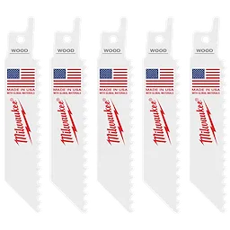 Five white Milwaukee 4" 6 TPI SAWZALL® Blades for Wood with Nails (5 PK). Each blade has an American flag, "Made in USA with global materials," and "Milwaukee" written in red. The blades are designed for cutting wood that contains nails.