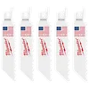 Five white Milwaukee 4" 6 TPI SAWZALL® Blades for Wood with Nails (5 PK). Each blade has an American flag, "Made in USA with global materials," and "Milwaukee" written in red. The blades are designed for cutting wood that contains nails.