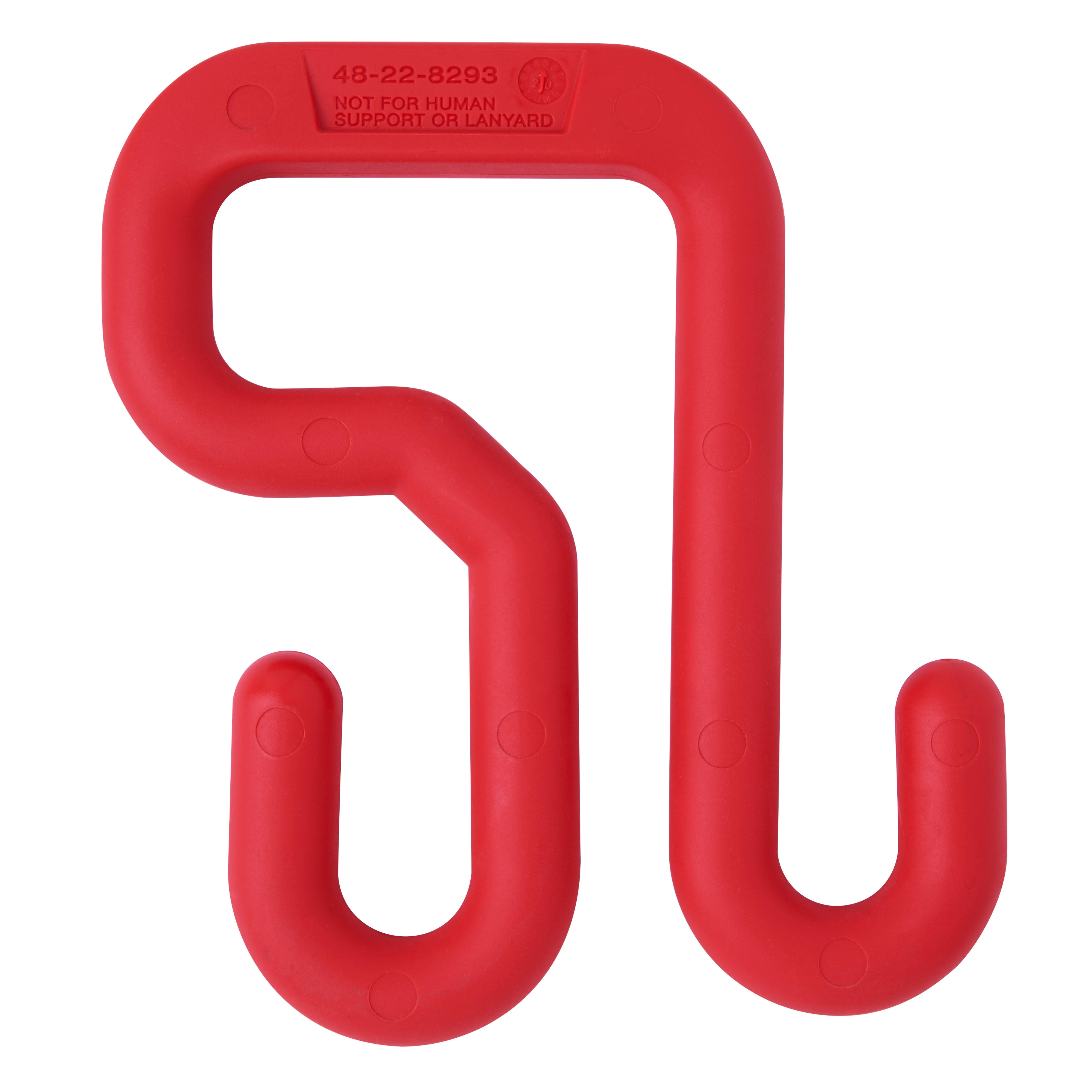 Red plastic 3-inch bucket hook with two prongs and a warning label indicating it is not for human support or lanyard use.