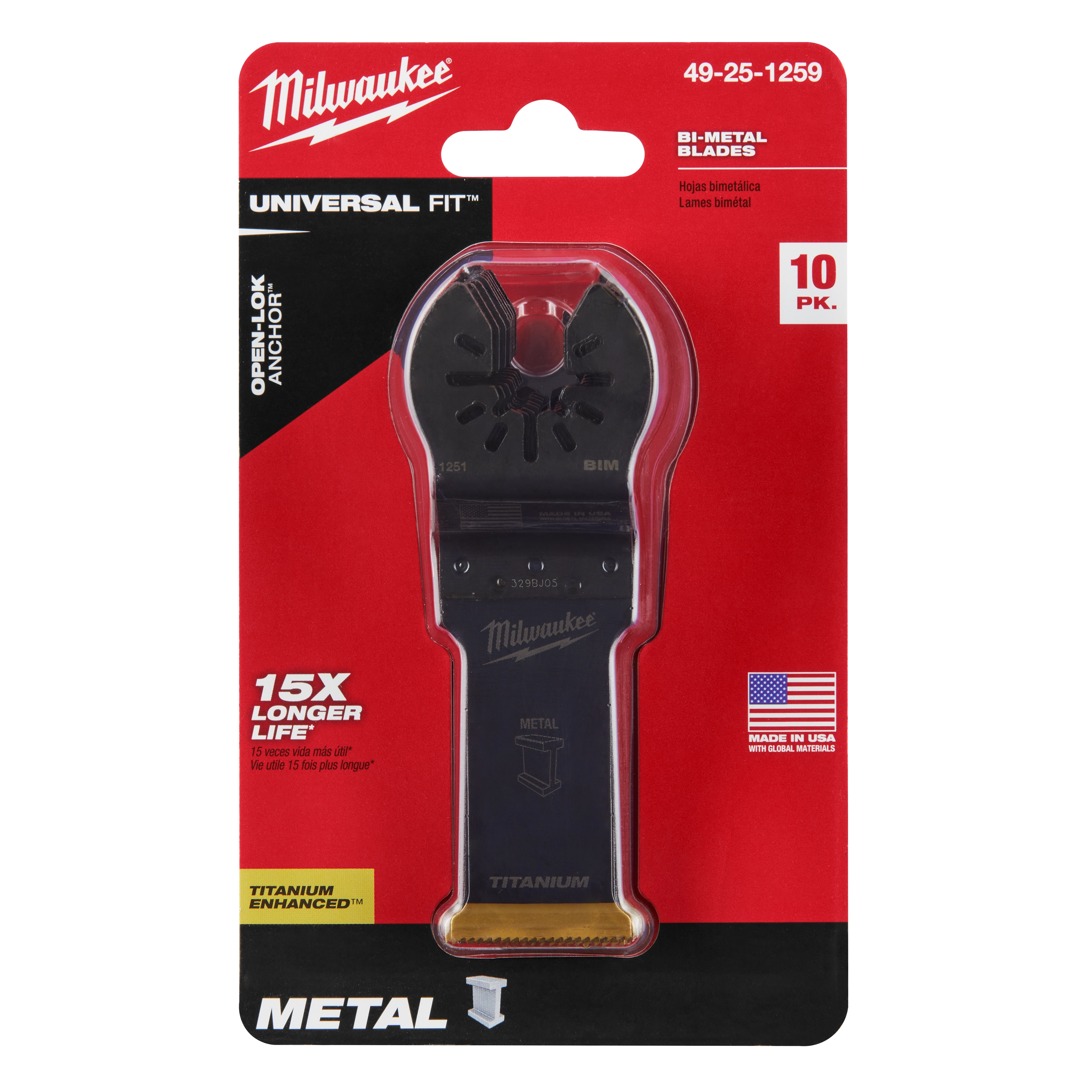 Milwaukee Open-Lok 1-1/8" Titanium Enhanced Bi-Metal Metal Blade 10-pack in red packaging, highlighting durability and universal fit.