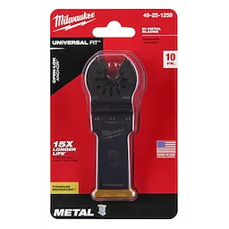 Milwaukee Open-Lok 1-1/8" Titanium Enhanced Bi-Metal Metal Blade 10-pack in red packaging, highlighting durability and universal fit.