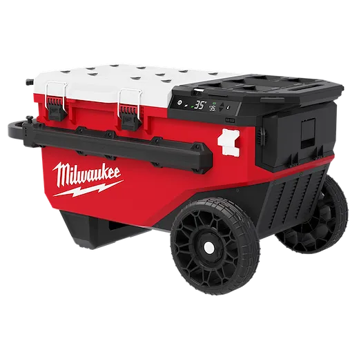 M18 30QT Rolling Fridge w/ PACKOUT Compatibility on large wheels with side handles and a latching lid.