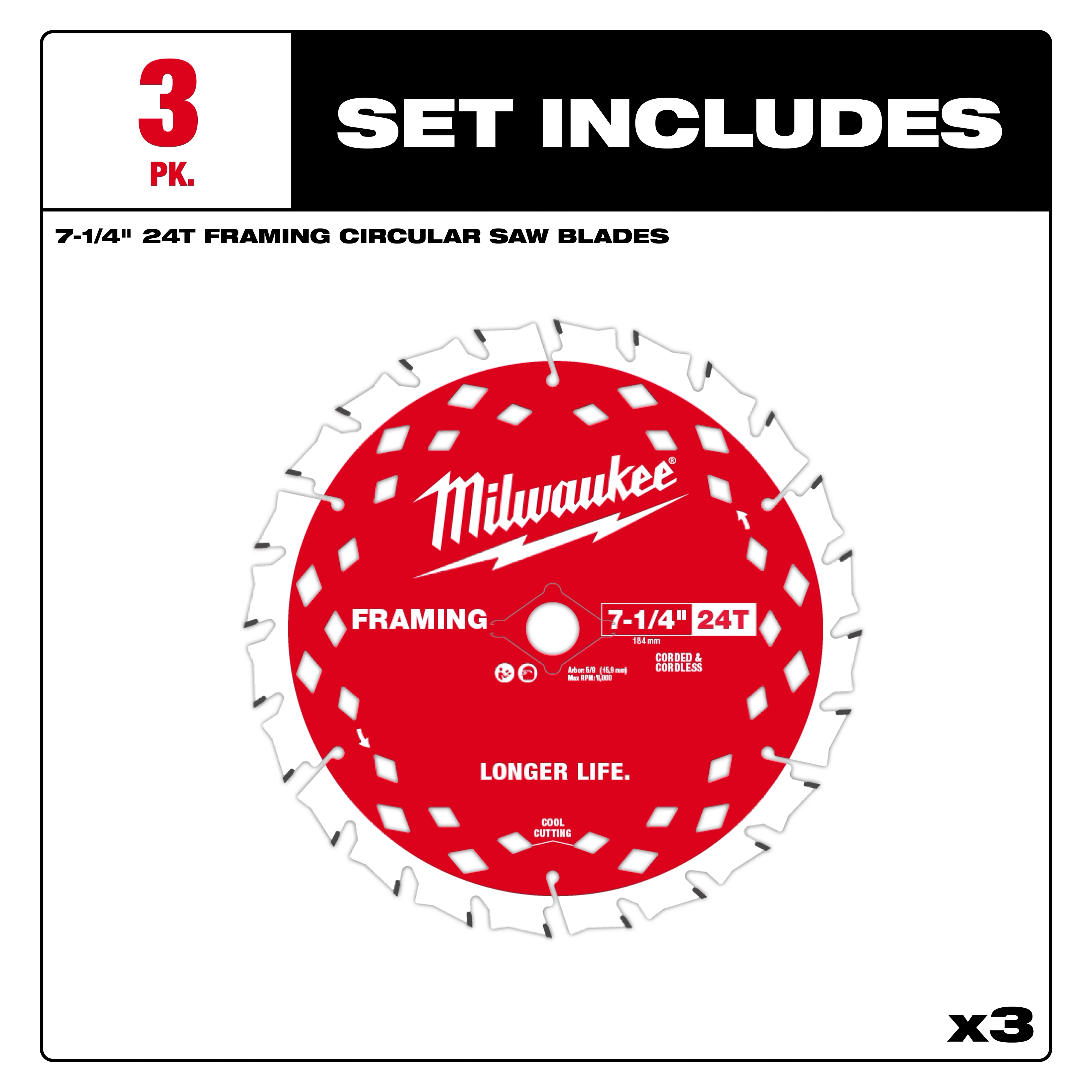 Three-pack of 7-1/4" 24T Framing Circular Saw Blades with long lifespan. Red blade with alternating tips and the text "Longer Life."
