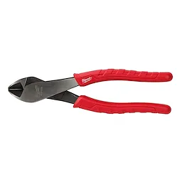 The 8" Comfort Grip Angled Head Diagonal Cutting Pliers feature red ergonomic handles and a black cutting head. The pliers are designed for precise cutting and increased comfort during use.