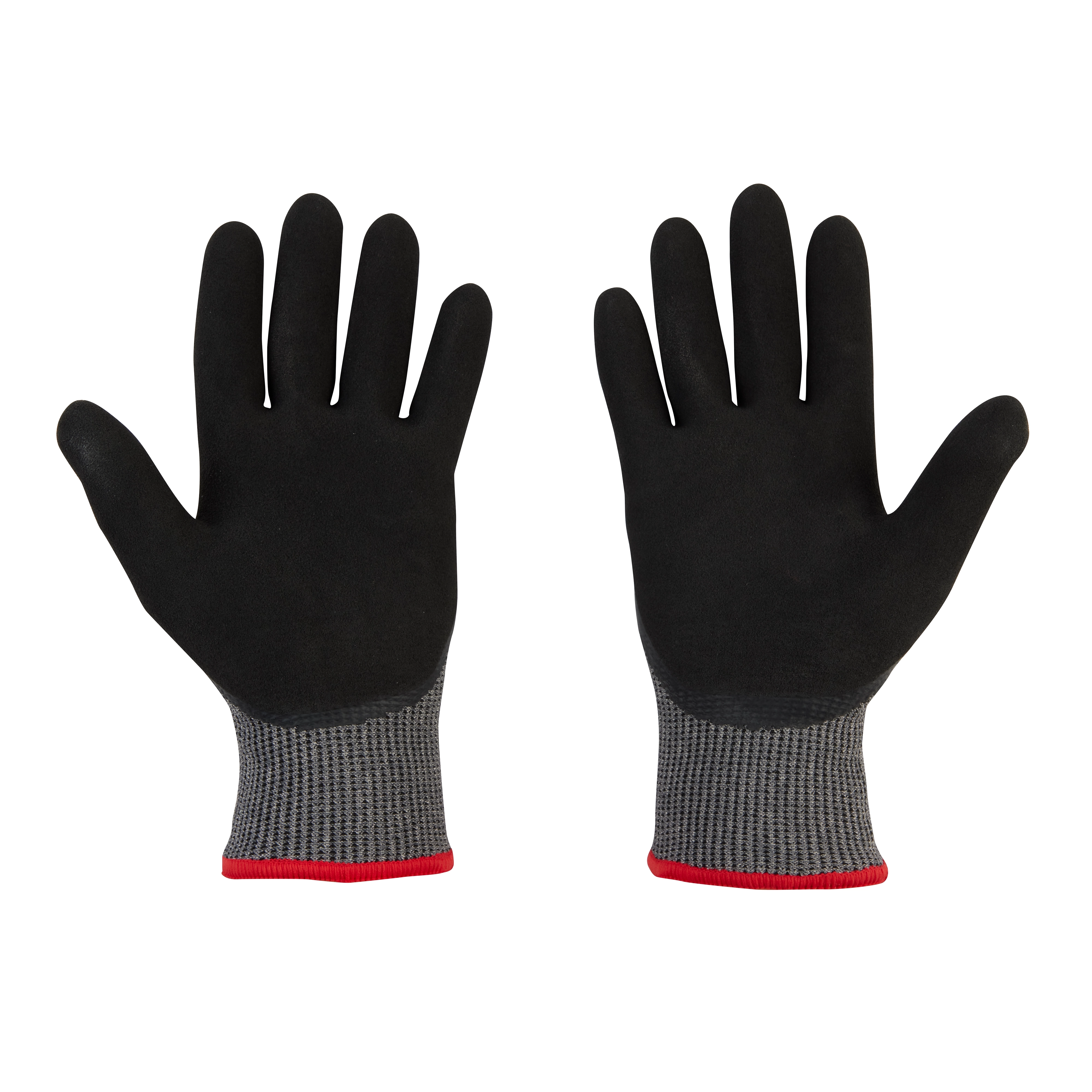 Cut Level 5 Winter Dipped Gloves with black, textured grip palms and grey wrists with red trim, shown palm up.
