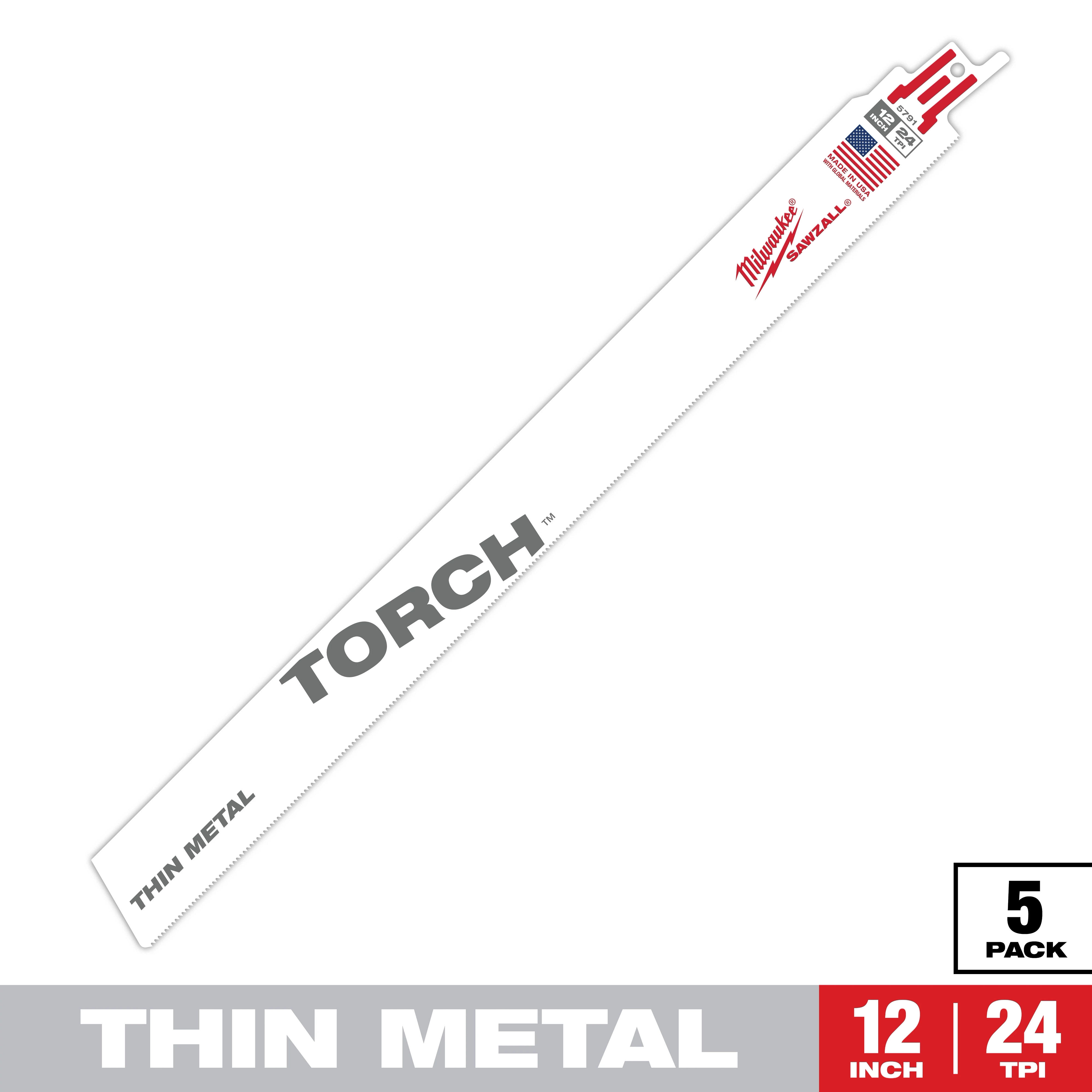 The Sawzall Bi-Metal Carbide Torch blade is designed for cutting thin metal. It measures 12 inches long with 24 teeth per inch. The blade features branding, "TORCH" text, and the "Thin Metal" label. The image indicates a five-pack set, suitable for precise metal cutting tasks.
