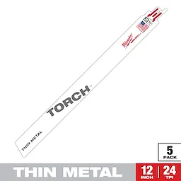 The Sawzall Bi-Metal Carbide Torch blade is designed for cutting thin metal. It measures 12 inches long with 24 teeth per inch. The blade features branding, "TORCH" text, and the "Thin Metal" label. The image indicates a five-pack set, suitable for precise metal cutting tasks.