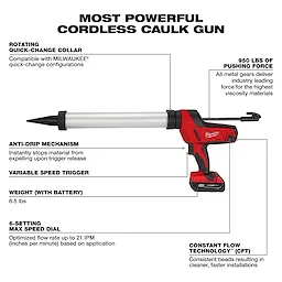M18 Cordless 20-oz Aluminum Barrel Caulk and Adhesive Gun Kit shown with labeled features on a plain background.