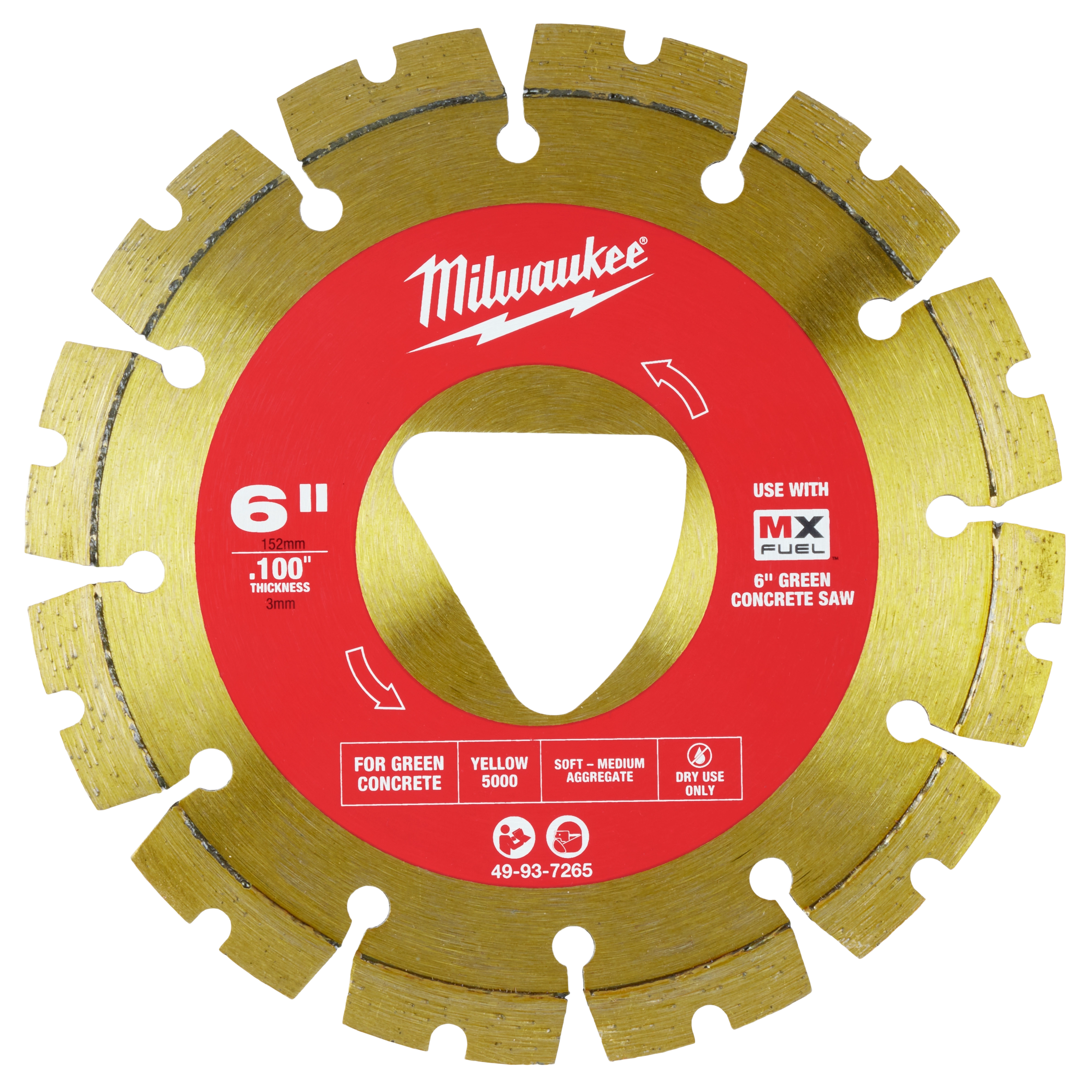 Yellow 6” x .100” Diamond Blade for Green Concrete with a red center features specifications for a 6” green concrete saw.