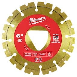 Yellow 6” x .100” Diamond Blade for Green Concrete with a red center features specifications for a 6” green concrete saw.