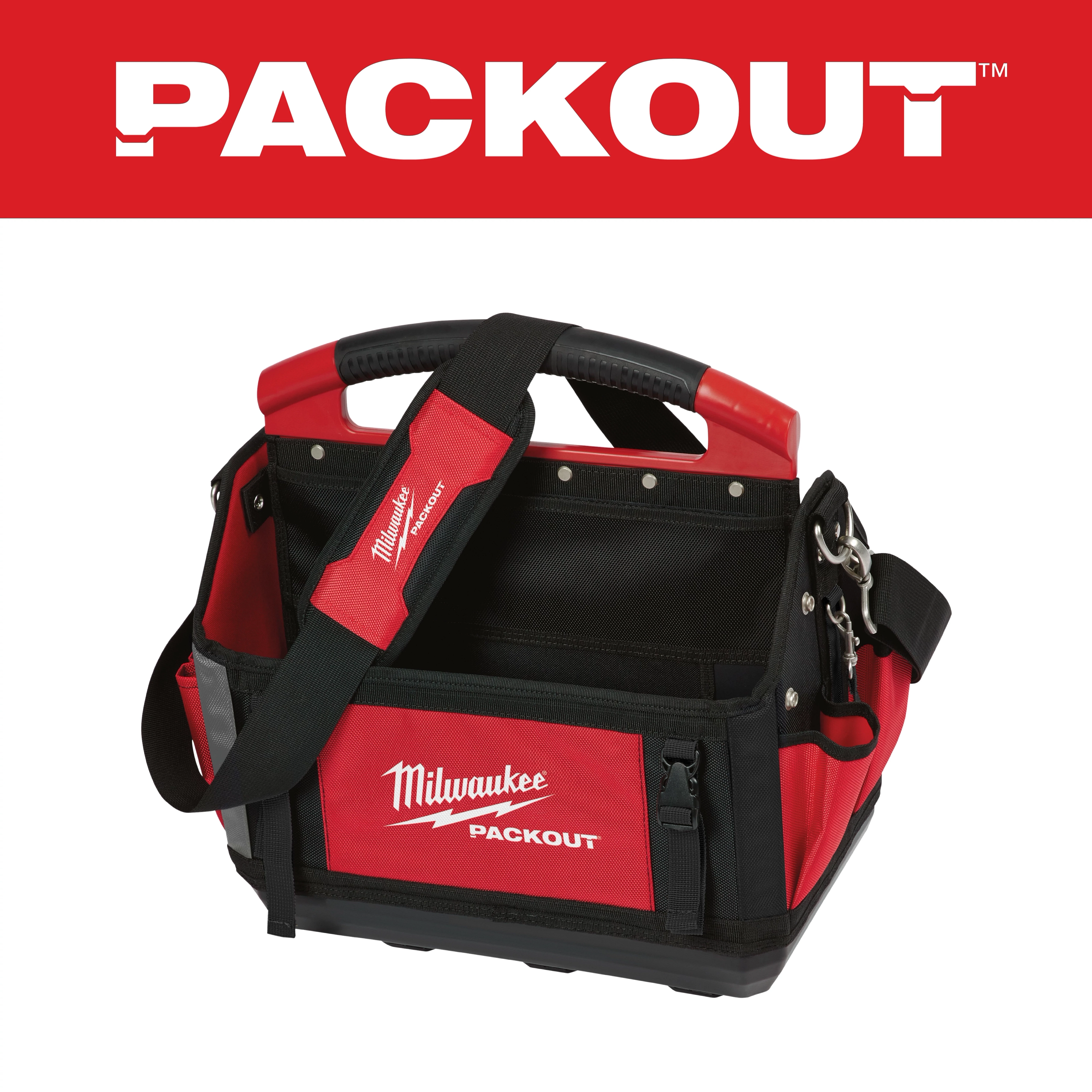 Milwaukee Packout tool bag with red and black design, adjustable shoulder strap, and side pockets. Large logo on top.
