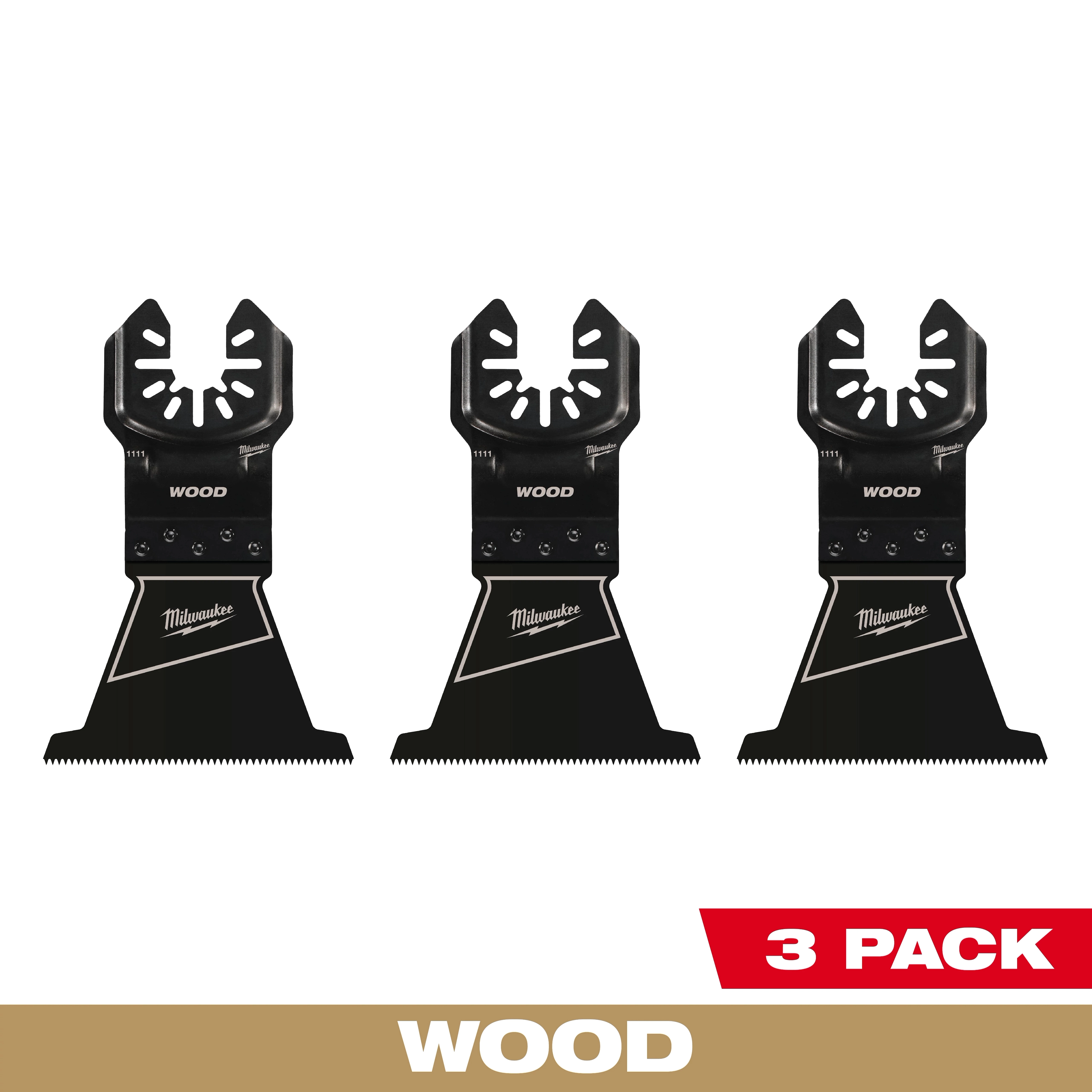Three-pack of Milwaukee Open-Lok 2-1/2" HCS Wood Multi-Tool Blades aligned horizontally with red "3 Pack" label and "Wood" text.