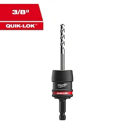 The 5PC 3/8" QUIK-LOK™ Arbor Set features a black and red design with a quick-change function. It has a robust black body and a drill bit on top. The brand's logo and "QUICK-LOK™" are printed on the arbor.