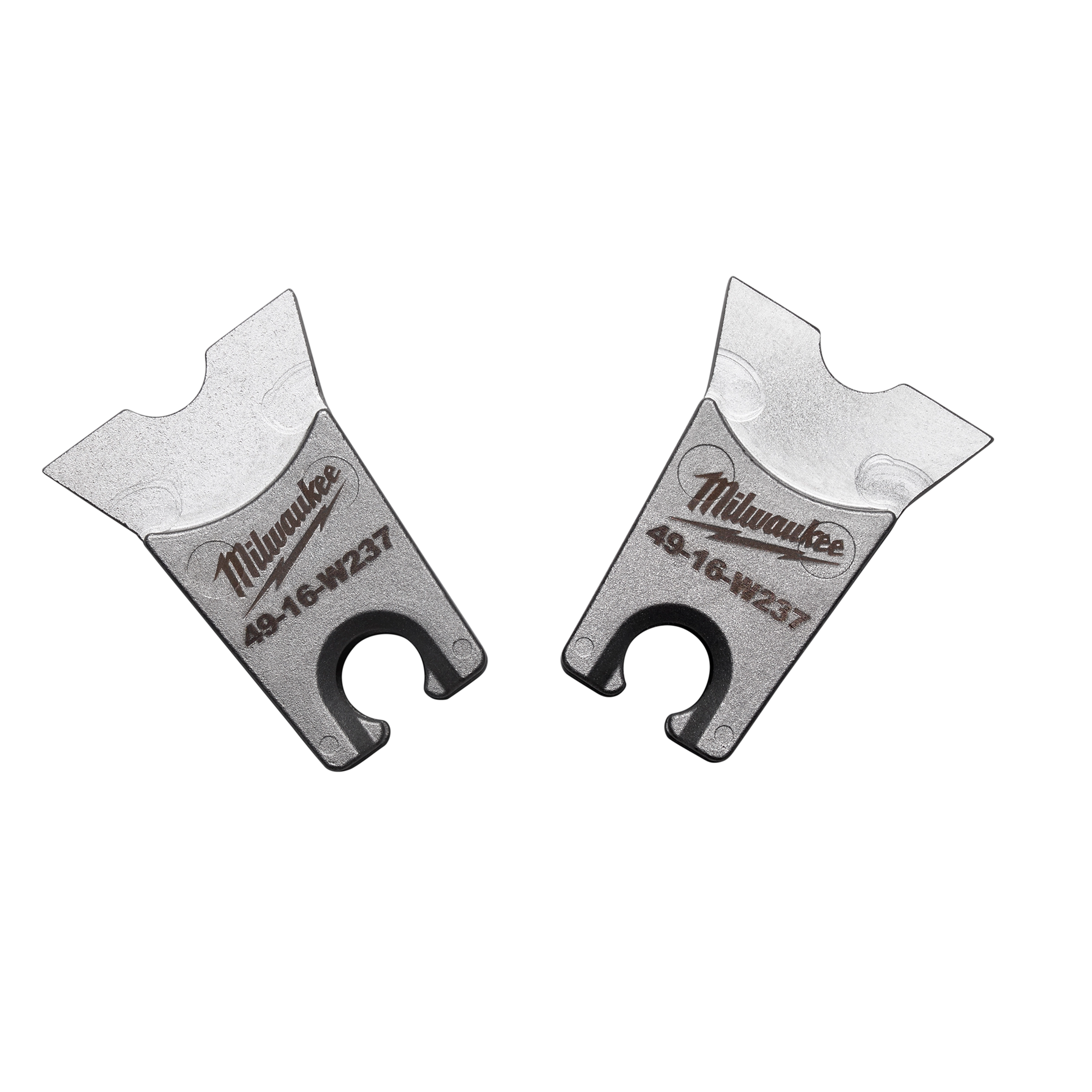 Two Milwaukee W Style: W-237 Dies are depicted. They have a silver and black finish with the Milwaukee logo and model number 49-16-W237 etched on the surface. The dies have a U-shaped opening at one end and angled cutting edges at the other.