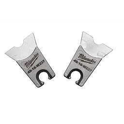 Two Milwaukee W Style: W-237 Dies are depicted. They have a silver and black finish with the Milwaukee logo and model number 49-16-W237 etched on the surface. The dies have a U-shaped opening at one end and angled cutting edges at the other.