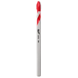 The 3/16" Hard Tile and Glass Bit features a tungsten carbide tip and a silver body with red accents. The bit is designed for drilling hard tiles and glass surfaces, providing durability and precision. It is marked with its size and model number along the shaft.