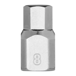 The image shows a 1/4" Drive 8mm Low-Profile Hex Bit Socket, a small, metallic tool with a hexagonal drive tip and a smooth body. The number "8" is engraved on its side, indicating its size.
