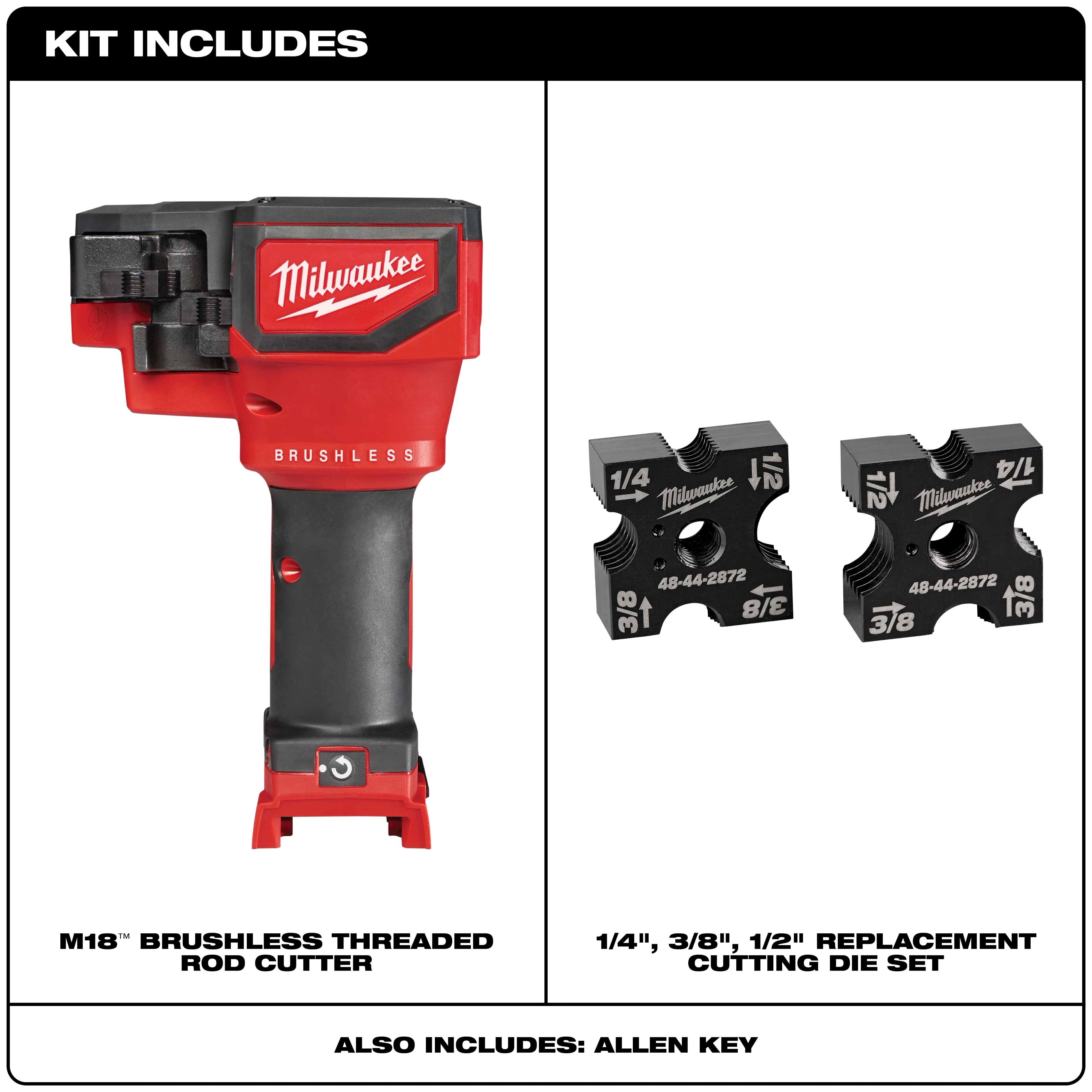 The Milwaukee M18 Brushless Threaded Rod Cutter kit includes the rod cutter, an Allen key, and replacement cutting dies for 1/4", 3/8", and 1/2" threaded rods. The rod cutter is red and black, featuring the Milwaukee logo and "Brushless" written on the side.