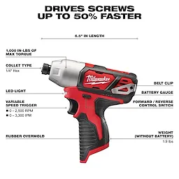 The M12 Cordless LITHIUM-ION 4-Tool Combo Kit impact driver is 6.5 inches long, has 1,000 in-lbs of max torque, a 1/4" hex collet, LED light, variable speed trigger, belt clip, battery gauge, and forward/reverse switch. It weighs 1.9 lbs without the battery.