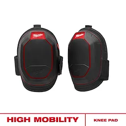 Pair of black High Mobility Knee Pad protectors with red accents and adjustable straps on a white background.