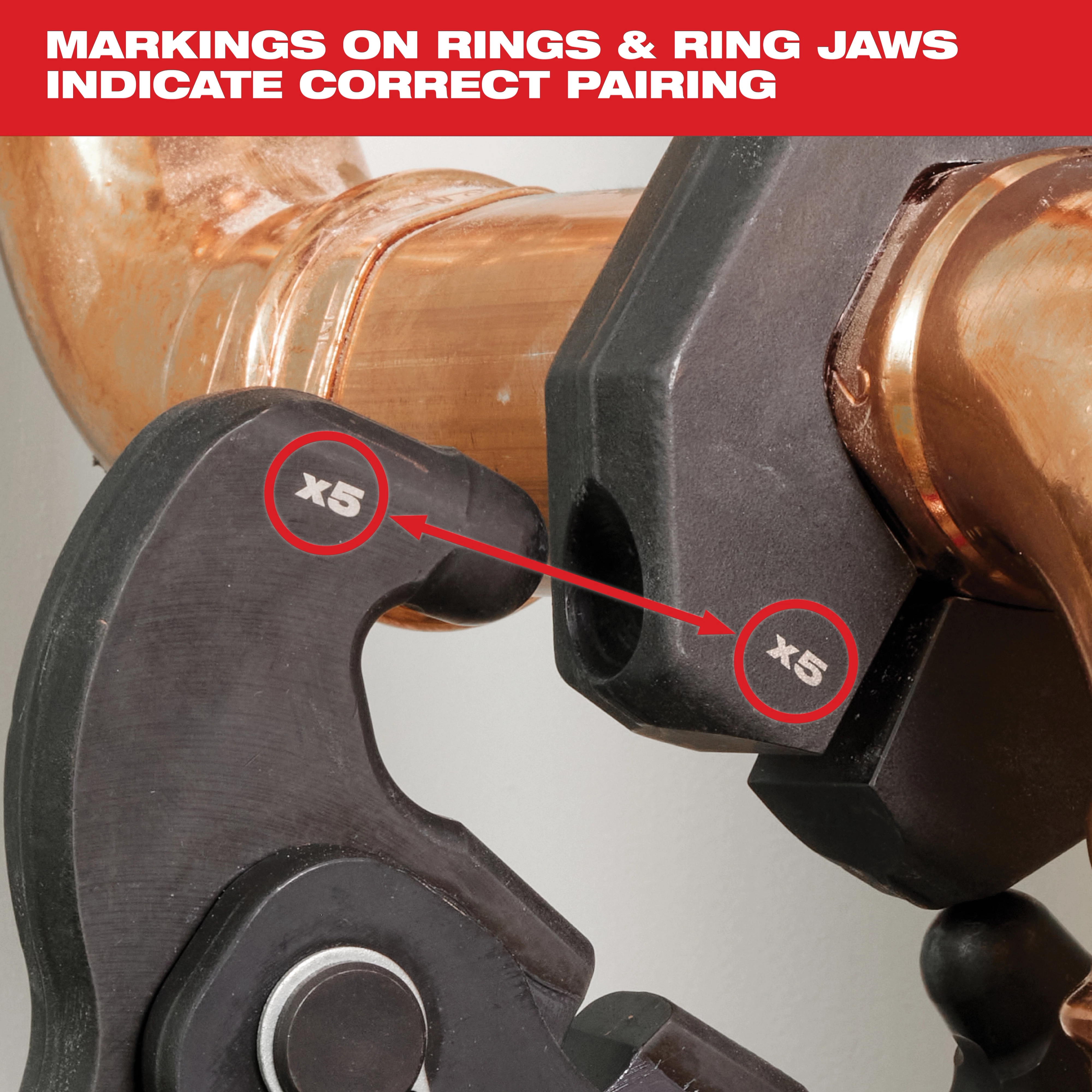 Image of the Milwaukee CTS-V Ring Jaw with the text "Markings on rings & ring jaws indicate correct pairing"