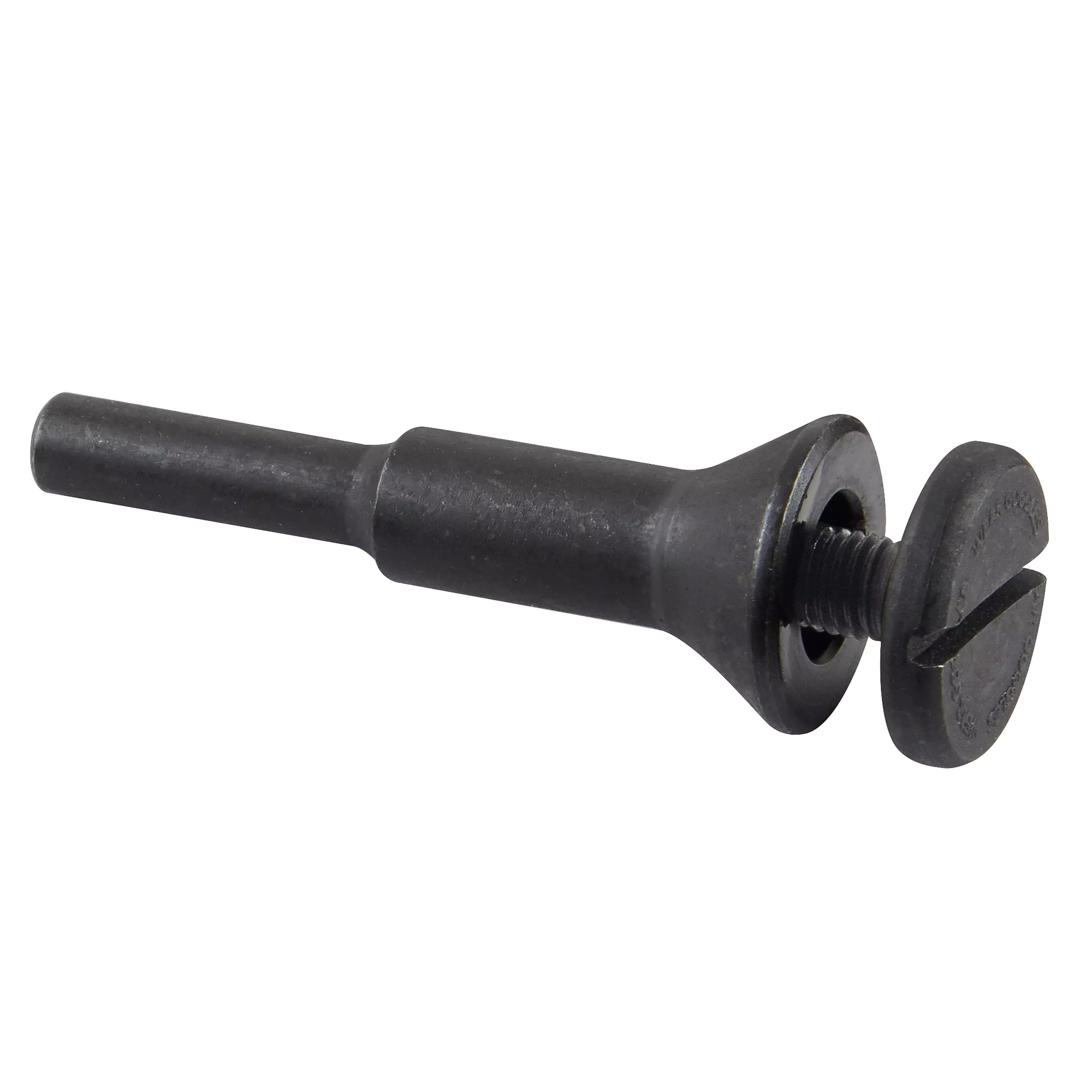 1/4 in. Arbor Cut Off Wheel Adapter in black, featuring a cylindrical shaft with a threaded end and slotted head for securing.