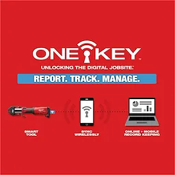 The M18 FORCE LOGIC Press Tool w/ One-Key allows users to report, track, and manage their tool usage digitally. The image shows the press tool syncing wirelessly with a smartphone and online record-keeping system, emphasizing smart tool capabilities and seamless integration for jobsite management.