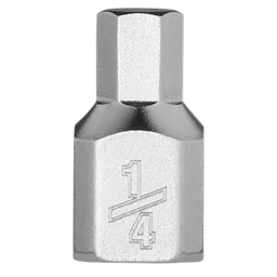 A 1/4" Drive 1/4" Low-Profile Hex Bit Socket with a silver finish and hexagonal shape. The front of the socket is stamped with "1/4".