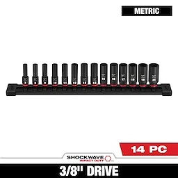 Milwaukee Shockwave Impact Duty 3/8" Drive Metric Socket Set includes 14 pieces ranging from sizes 8 to 21, neatly arranged on a black socket rail. Each socket is labeled and features a red band around its base.