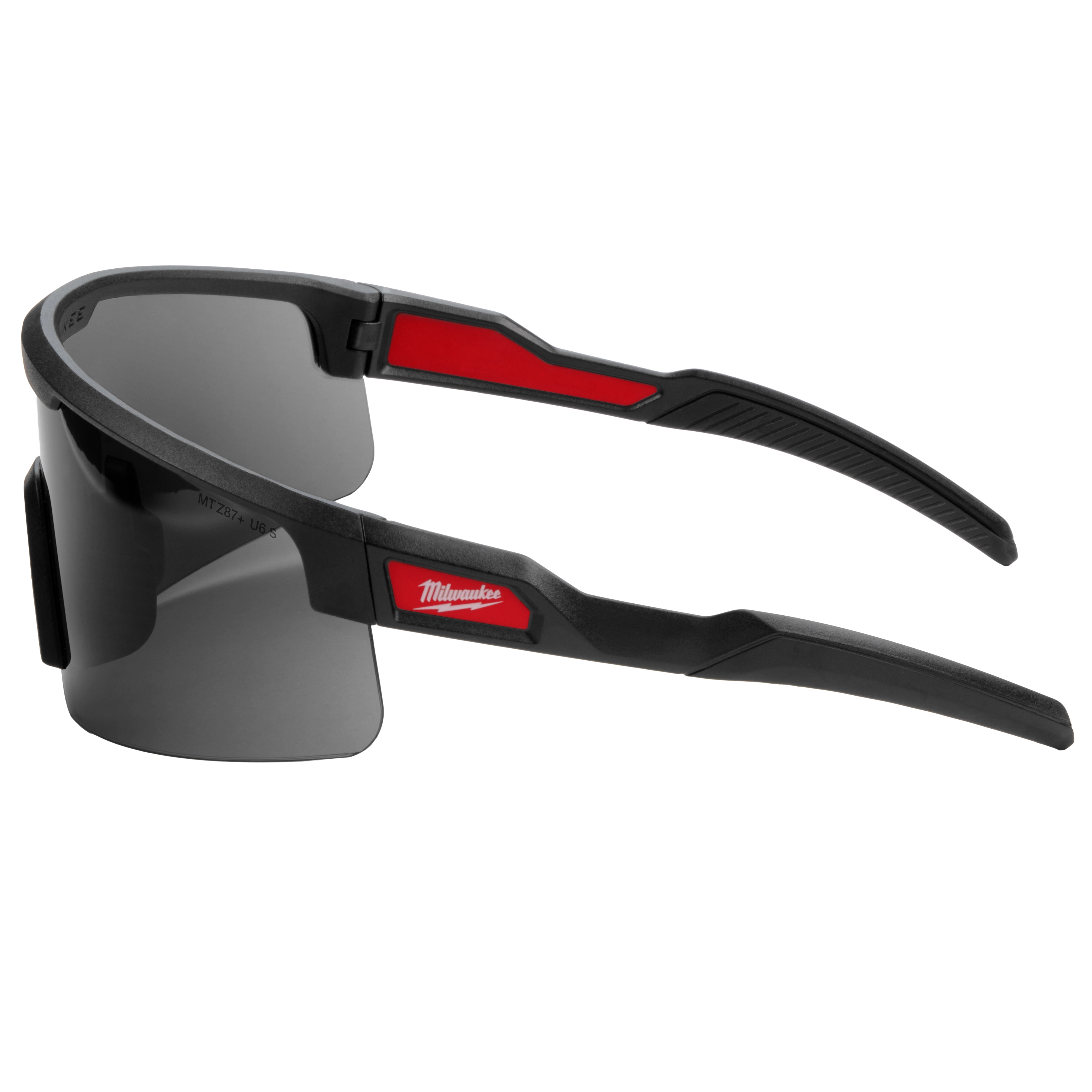Wrap Around Safety Glasses with Tinted Anti-Scratch Lenses feature a black frame with red accents and a sleek design. The lenses are tinted and durable, providing eye protection against scratches. The brand logo is visible on the temples.