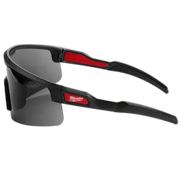 Wrap Around Safety Glasses with Tinted Anti-Scratch Lenses feature a black frame with red accents and a sleek design. The lenses are tinted and durable, providing eye protection against scratches. The brand logo is visible on the temples.