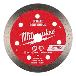 Milwaukee circular 3" Diamond Tile Blade with metal rim and center arbor hole on a plain white background.