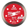 Milwaukee circular 3" Diamond Tile Blade with metal rim and center arbor hole on a plain white background.