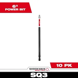 This image shows a SHOCKWAVE™ 6” Impact Duty Square Recess #3 Power Bit in bulk packaging of 10 pieces. The prominently displayed bit is shown with labels indicating its size (6 inches) and type (SQ3).