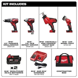 The M18 Cordless LITHIUM-ION 4-Tool Combo Kit includes a hammer drill/driver, hex impact driver, one-handed recip saw, LED work light, two batteries, charger, and contractor bag. Each tool and accessory is pictured with accompanying model numbers. The tools are red and black with ergonomic grips.