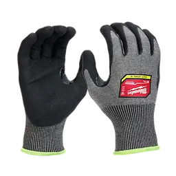 Cut Level 9 High-Dexterity Nitrile Dipped Gloves - L, featuring black palms and fingers with gray and black knitted fabric on the back.