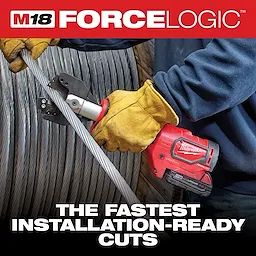 A worker uses the Milwaukee M18 FORCE LOGIC tool to cut through a metal pipe. The tool is advertised as providing the fastest installation-ready cuts, emphasizing efficiency and performance. A spool of wire is visible in the background. The worker is wearing protective yellow gloves and a blue long-sleeve shirt.