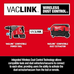 Red M18 FUEL 1-9/16" SDS Max Rotary Hammer with ONE-KEY, compatible with VacLink wireless dust control system, and dust extractor.