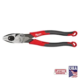 9" Lineman's Comfort Grip Pliers (USA) with black and red handles, displayed with "Lifetime Guarantee" and "Made in USA" labels.